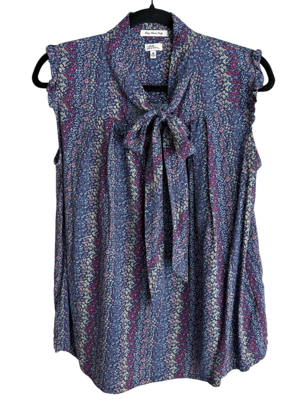 L.L. Bean Sz 8 Navy Floral Tie-Neck Sleeveless Blouse Ruffle Trim